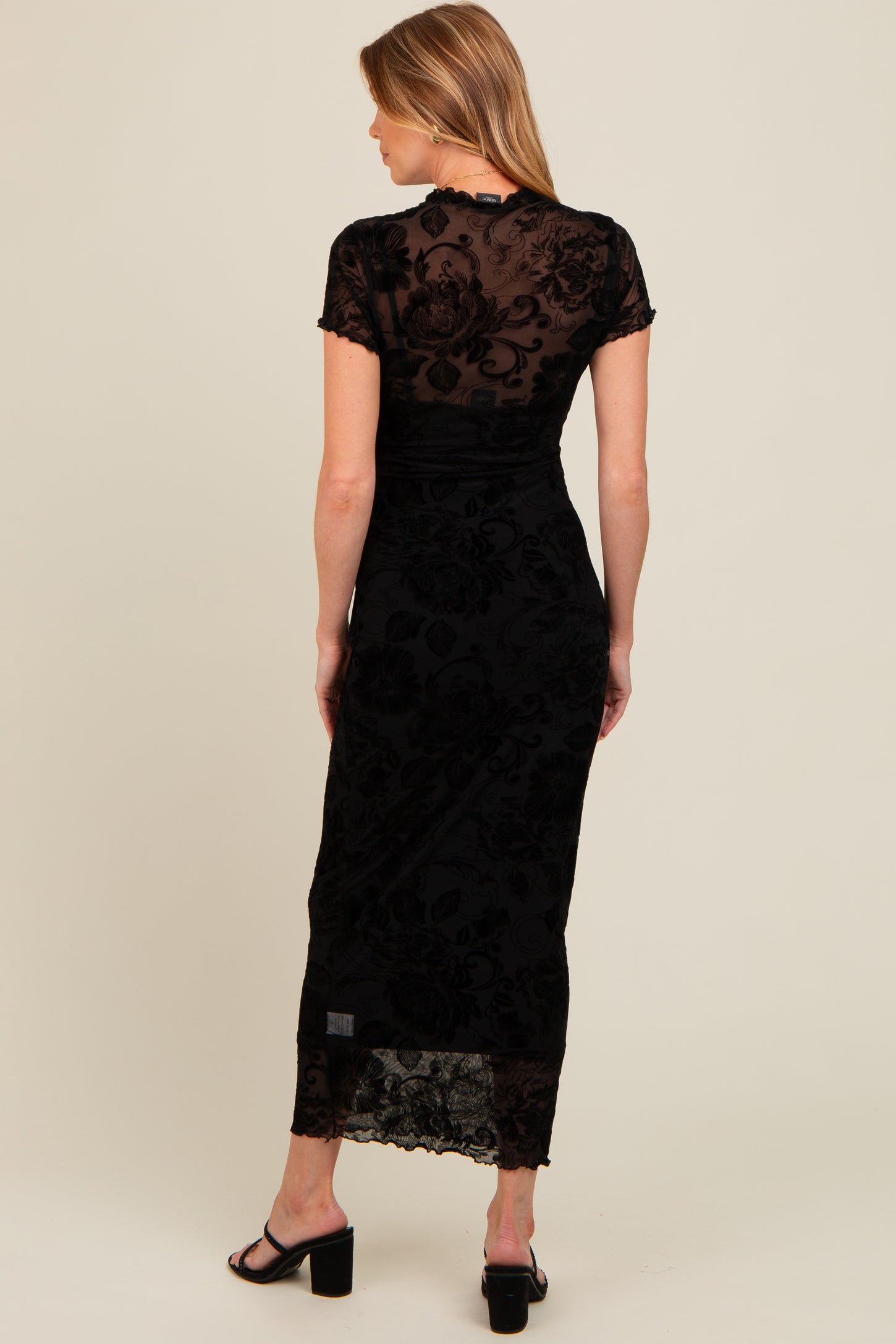 Black Floral Mesh Overlay Fitted Maternity Maxi Dress