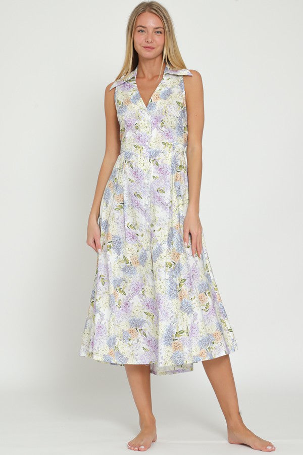 White Light Blue Sleeveless Collar & Button Down Tie Back Midi