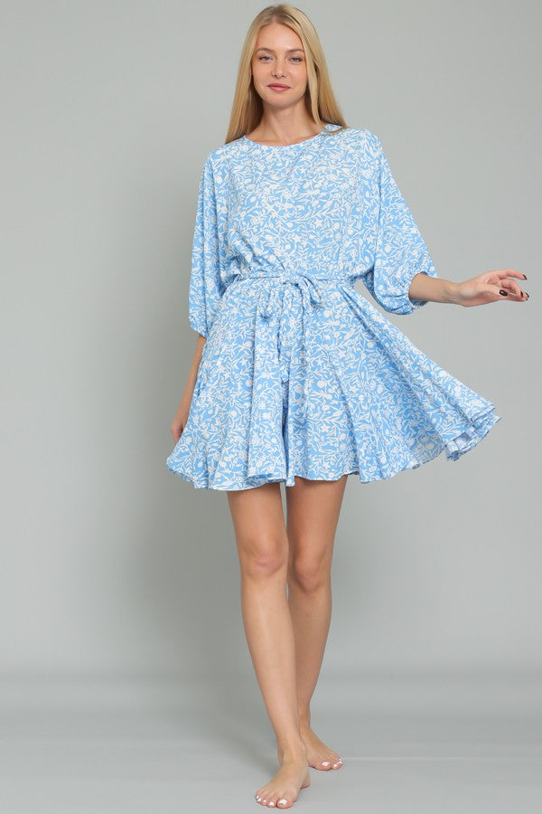 Sky Blue White Dolman Sleeve Braid Belted Ruffle Hem Mini Dress
