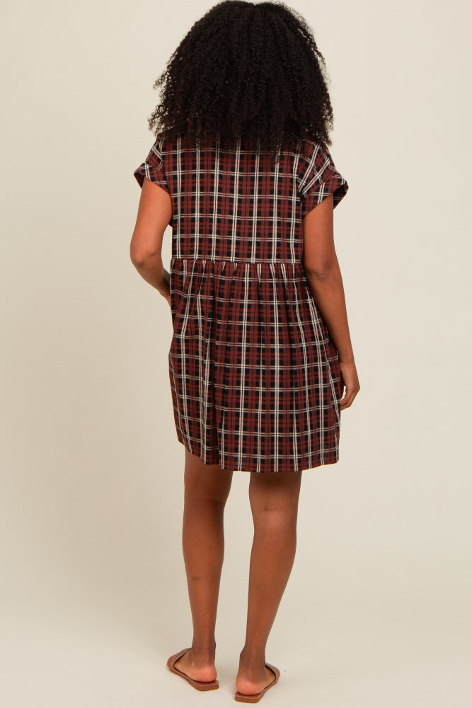 Black Plaid Rolled Cuff Sleeve Button Down Dress