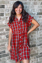 Red Plaid Rolled Cuff Sleeve Button Down Dress