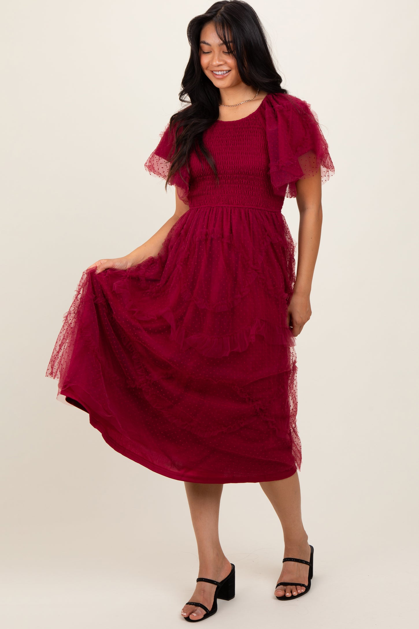 Burgundy Smocked Ruffled Mesh Midi Dress