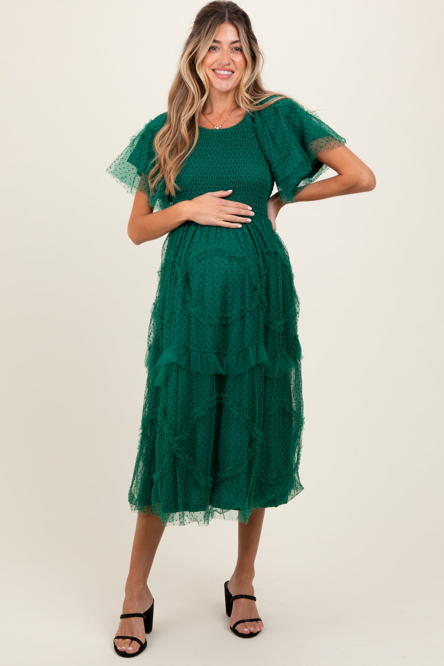 Hunter Green Smocked Ruffled Mesh Maternity Midi Dress