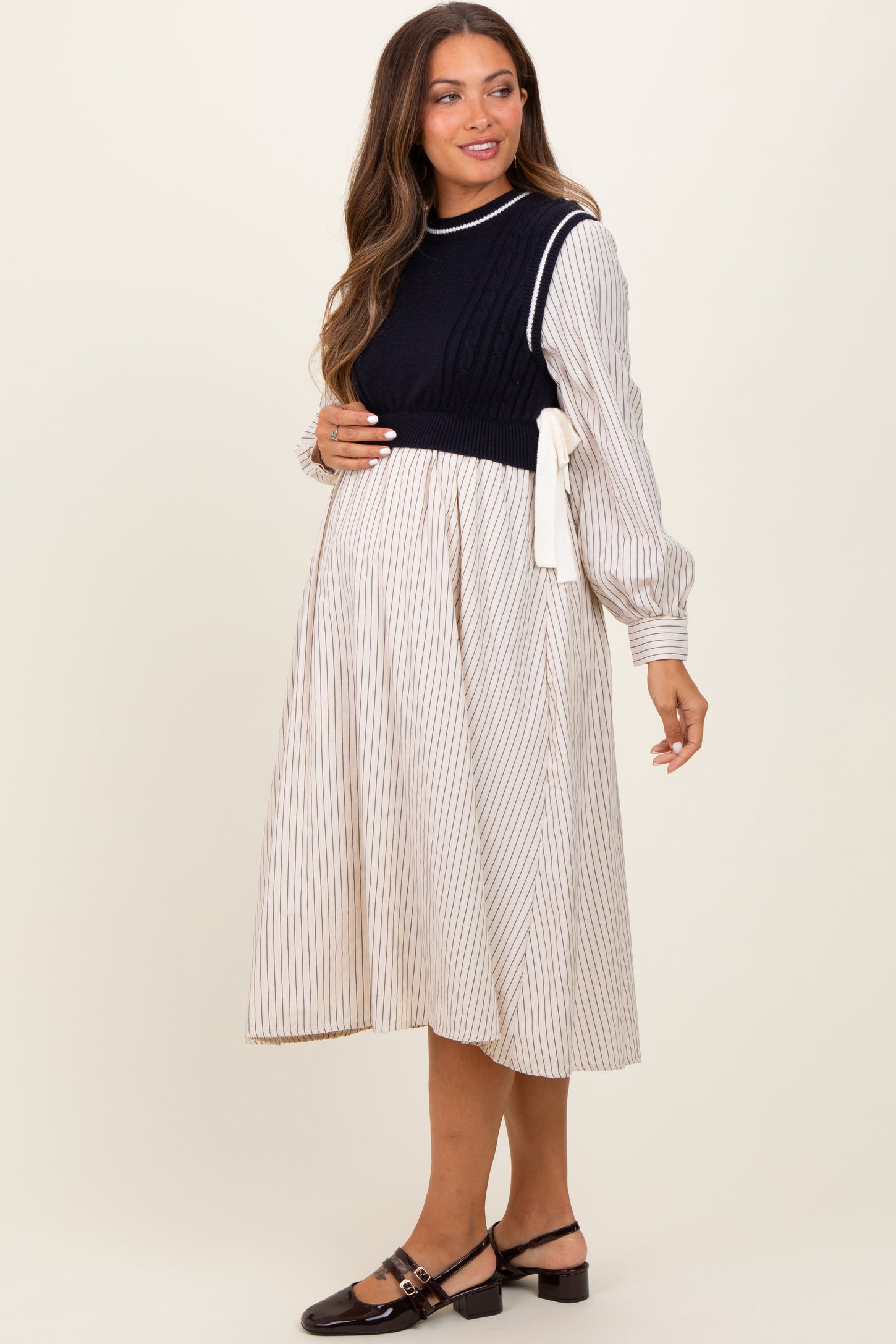Navy Striped Contrast Sweater Knit Top Maternity Midi Dress