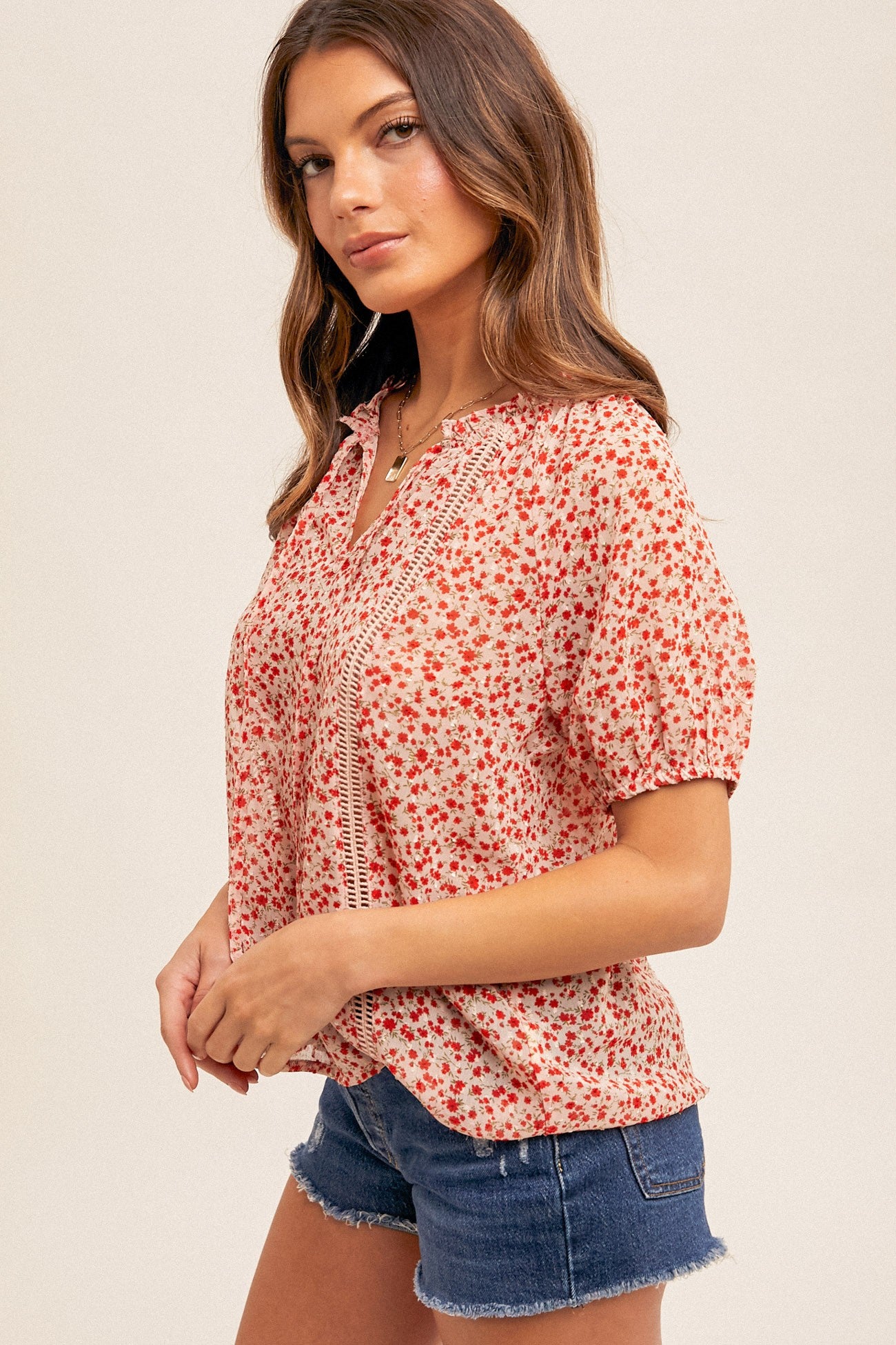 Blush Tie Detail Short Sleeves Floral Print Top