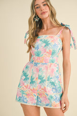 Pink Baby Blue Floral Romper With Scallop Stitch Trim