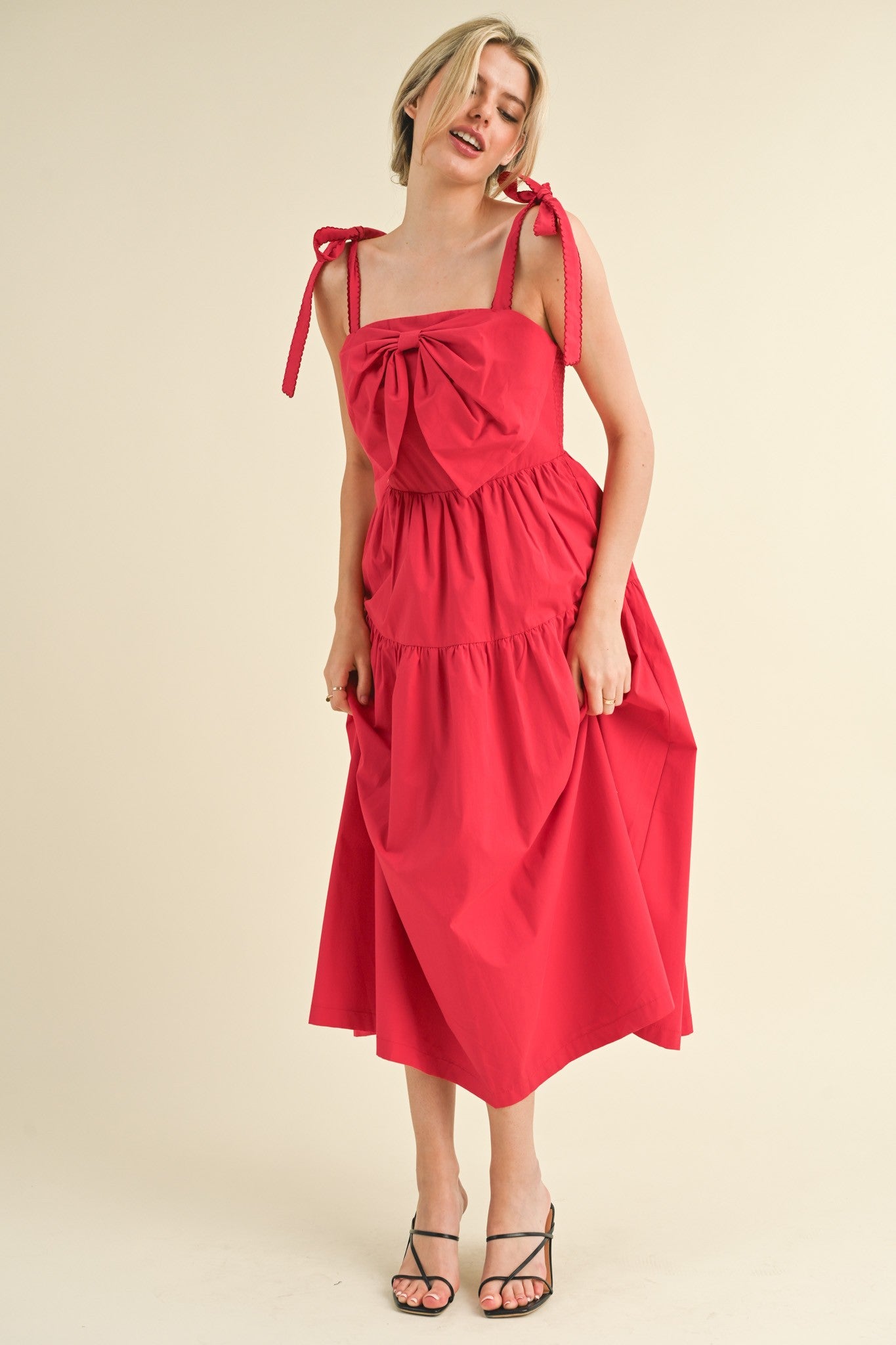 Raspberry Bow Front Scalloped Midi Dress