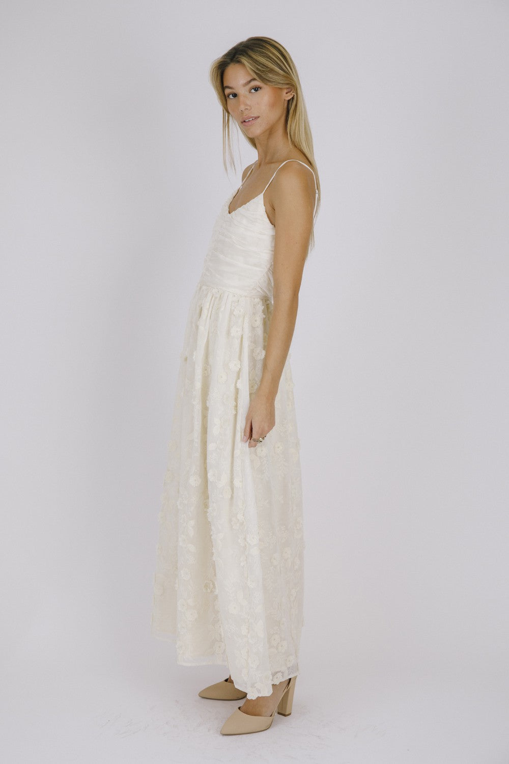 Cream Floral Monochromatic 3D Embroidered Midi Dress