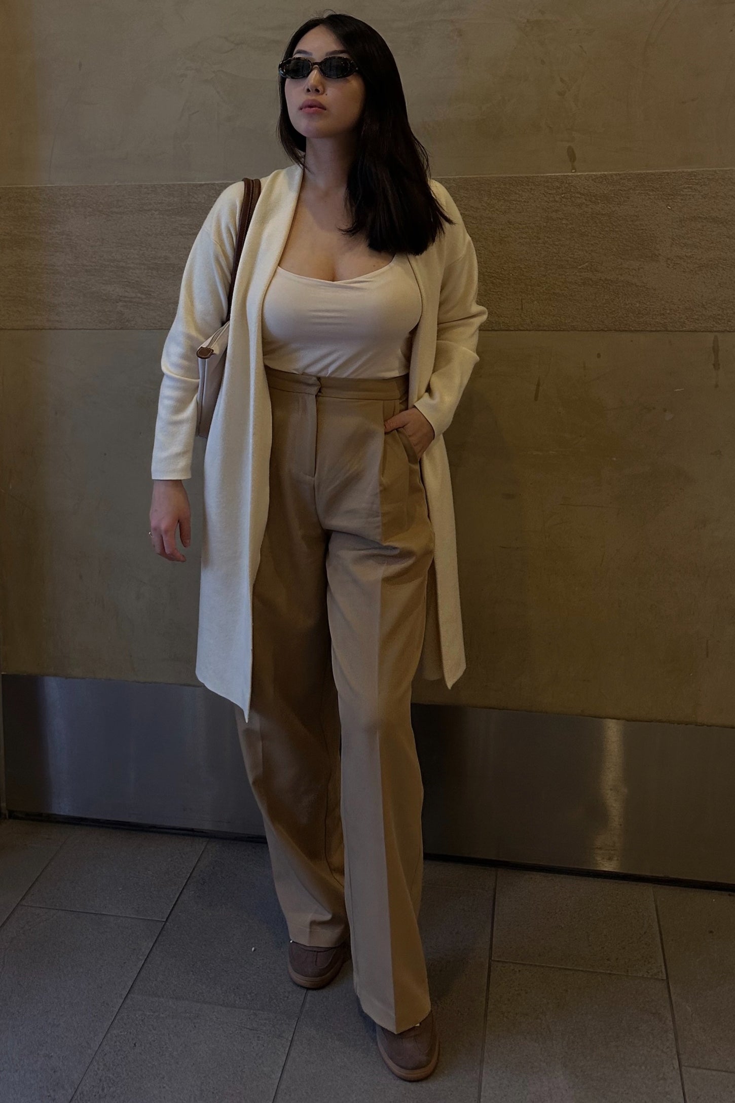 Taupe Pleated Wide Trouser Pants