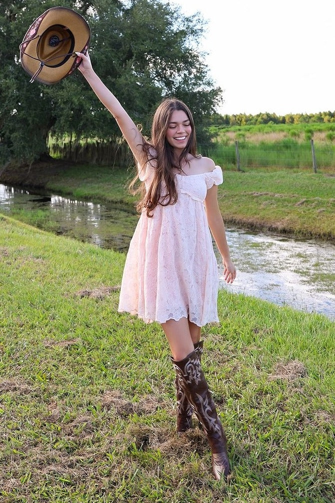 Light Pink Floral Lace Embroidered Puff Sleeve Dress