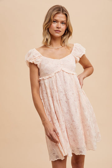 Light Pink Floral Lace Embroidered Puff Sleeve Dress
