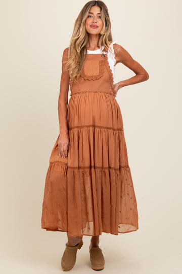 Camel Overall Crochet Lace Tiered Maternity Dress