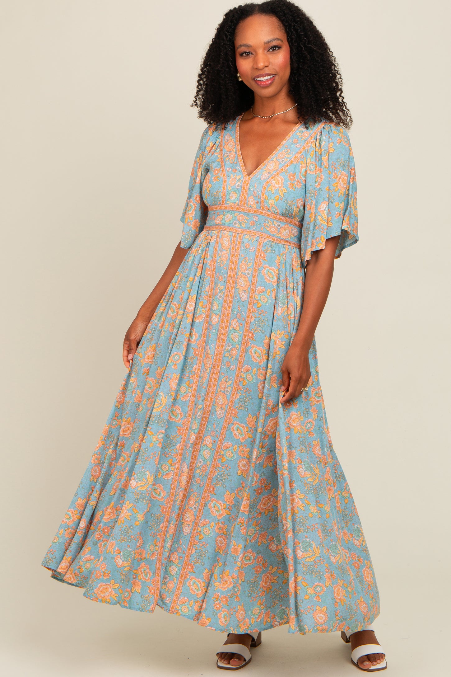Blue Floral Border Print Flutter Sleeve Maxi Dress Blue Floral Border Print Flutter Sleeve Maxi Dress
