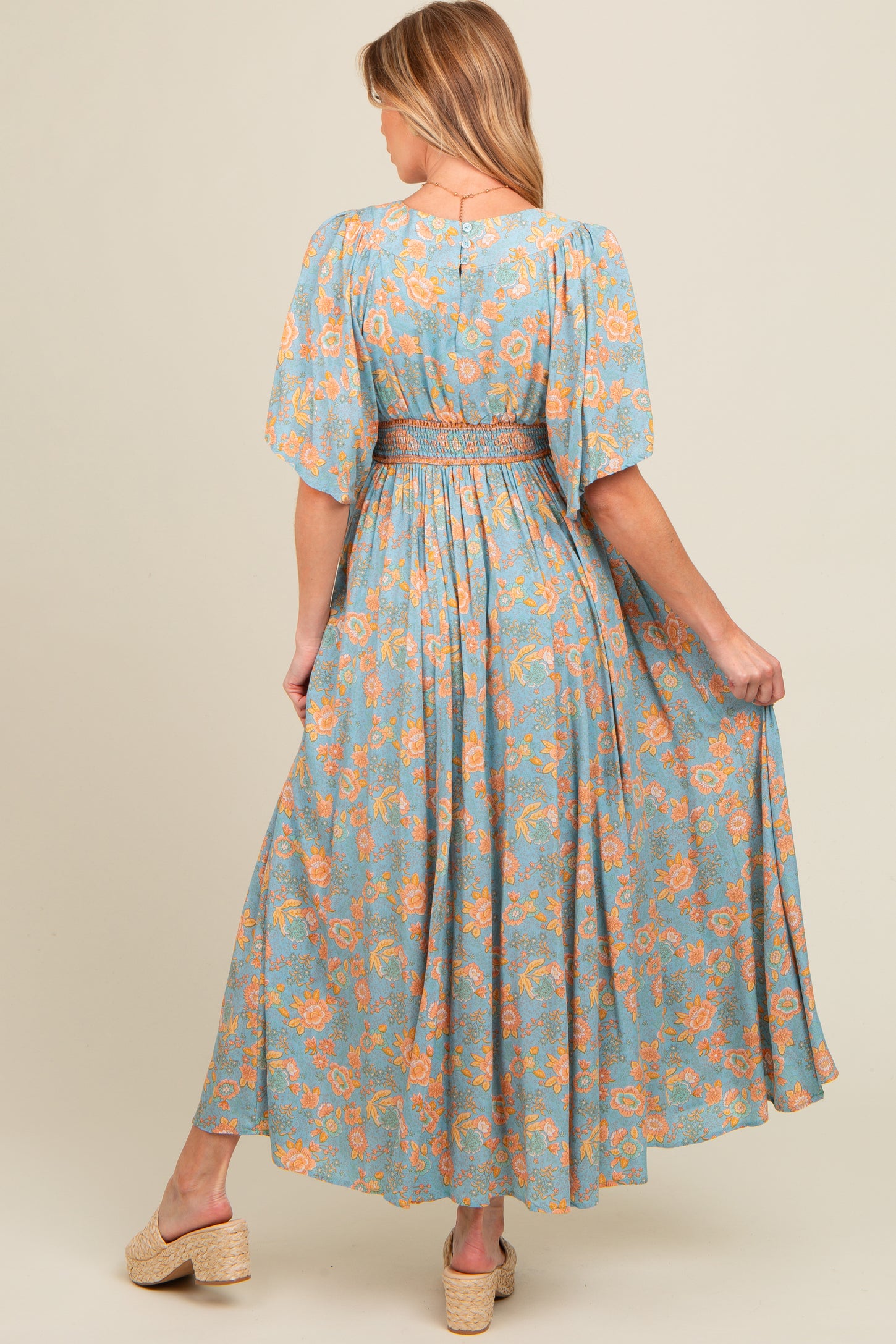 Blue Floral Border Print Flutter Sleeve Maternity Maxi Dress