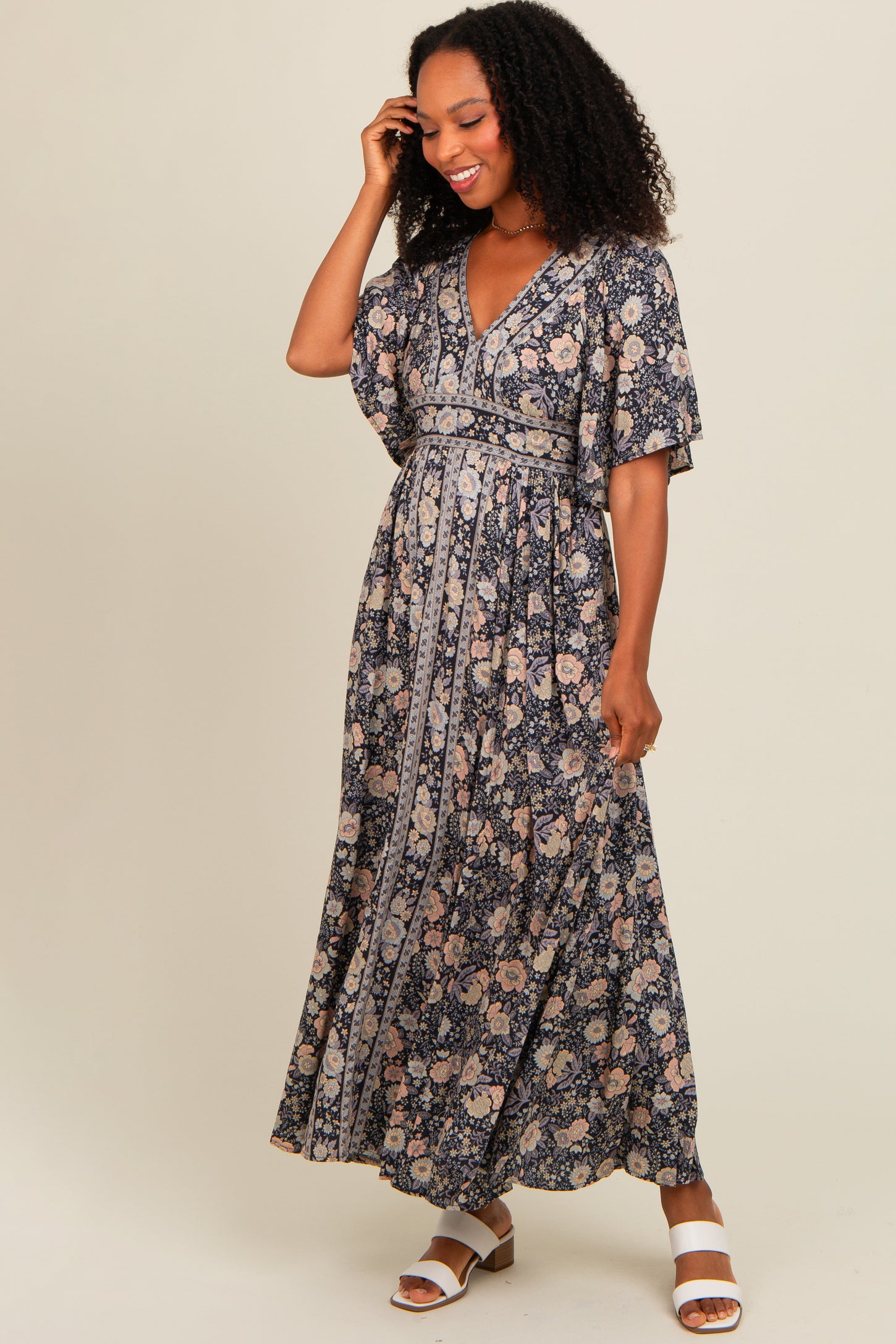 Navy Blue Floral Border Print Flutter Sleeve Maxi Dress