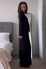 Black Ribbed Knit Collared Button Up Maternity Maxi Dress