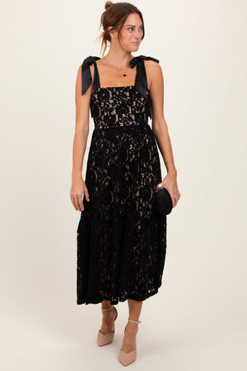 Black Velvet Lace Shoulder Bow Maxi Dress