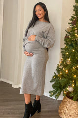 Heather Grey Knit Asymmetrical Top Midi Skirt Maternity Set