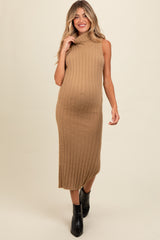 Taupe Fuzzy Knit Sleeveless Turtle Neck Maternity Midi Dress
