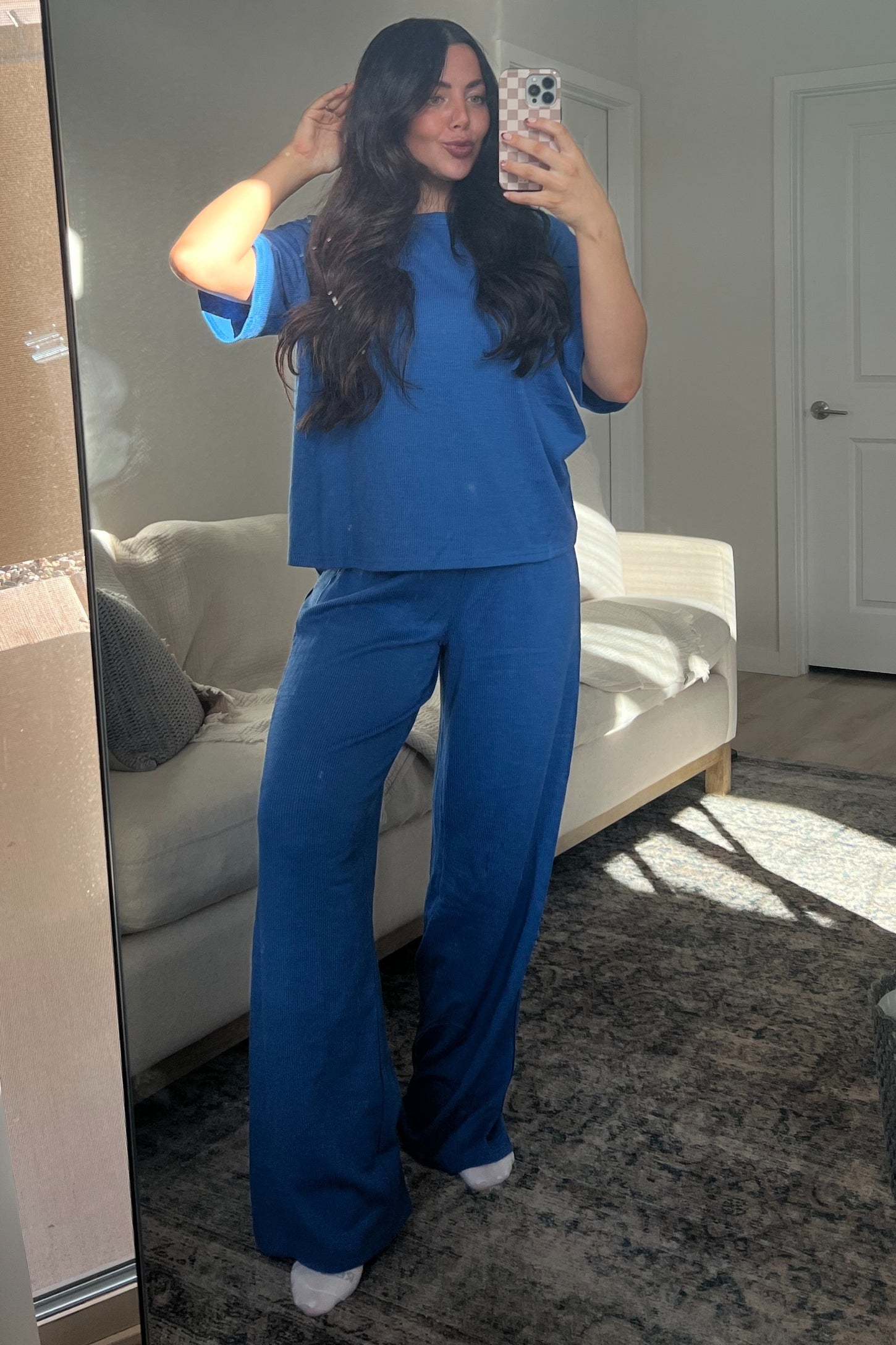 Blue Textured Knit Oversized Tee And Pants Set