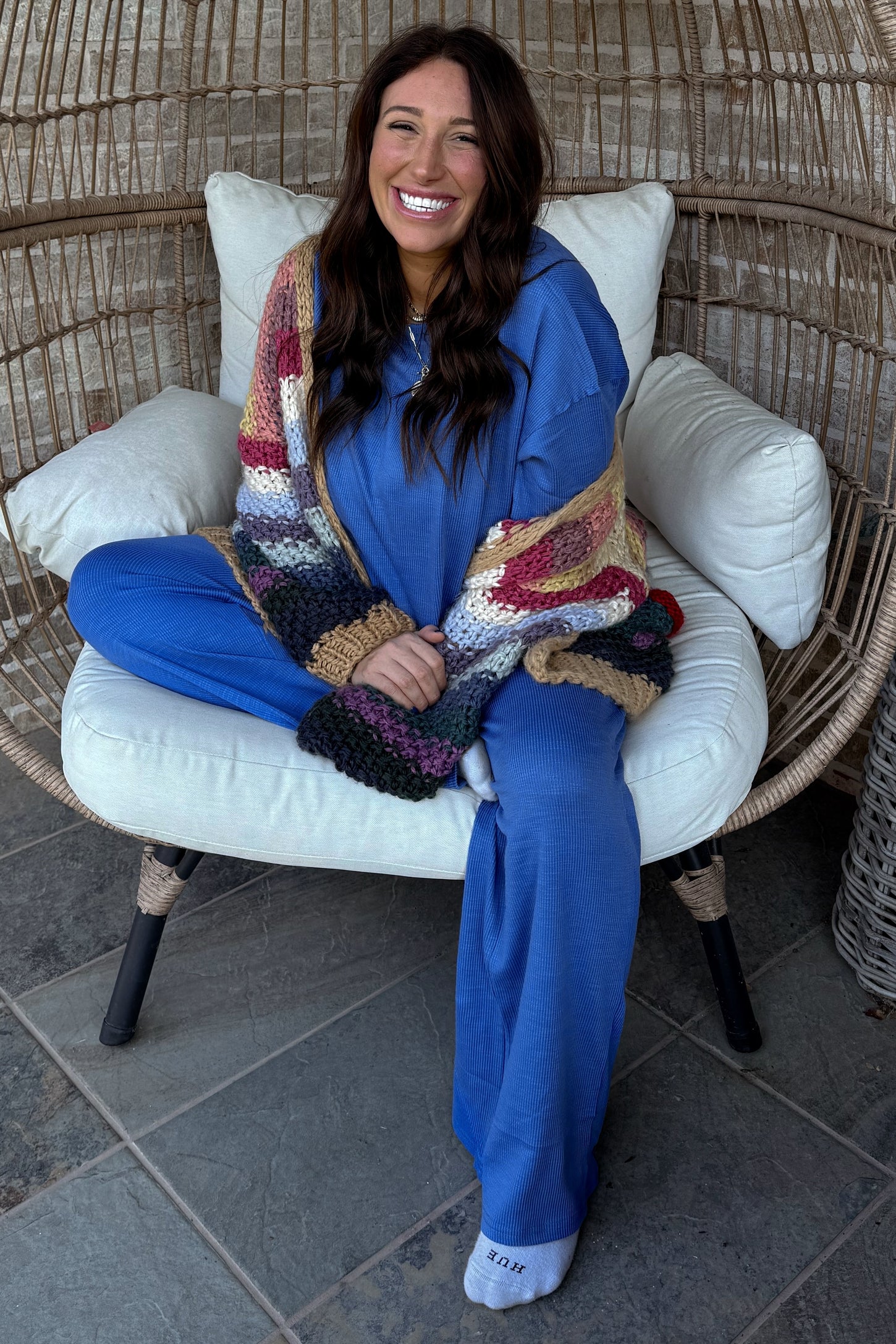 Blue Textured Knit Oversized Tee And Pants Set