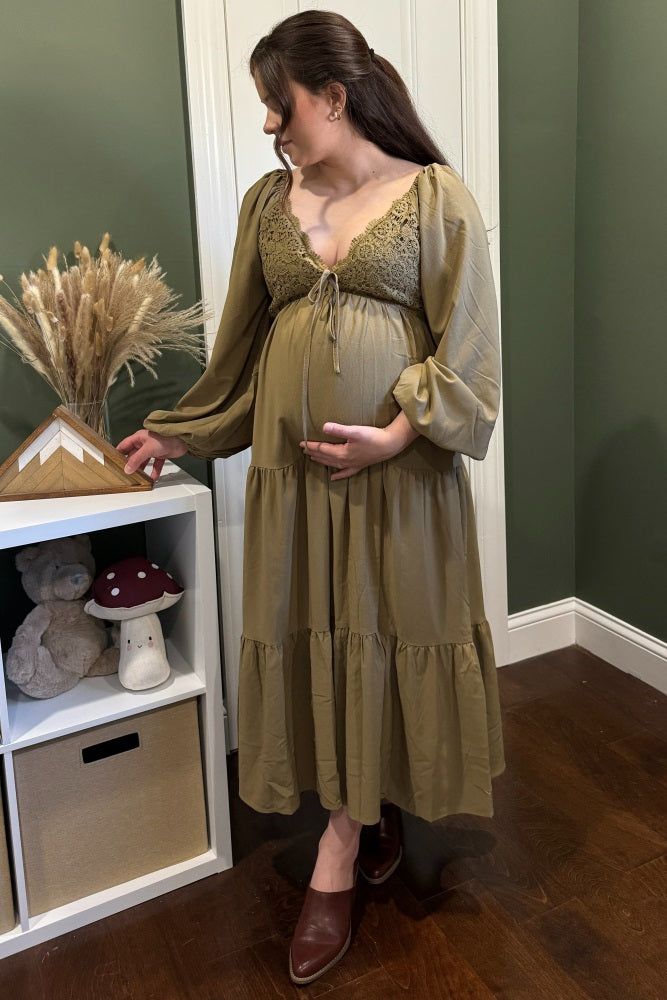 Olive Contrast Lace Bodice Tiered Maternity Midi Dress