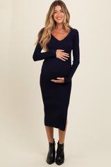Navy Ribbed Knit Side Slit Maternity Midi Dress