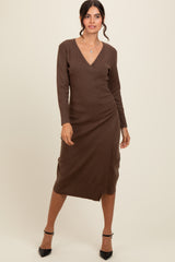 Brown Knit Crossover Ruched Maternity Midi Dress