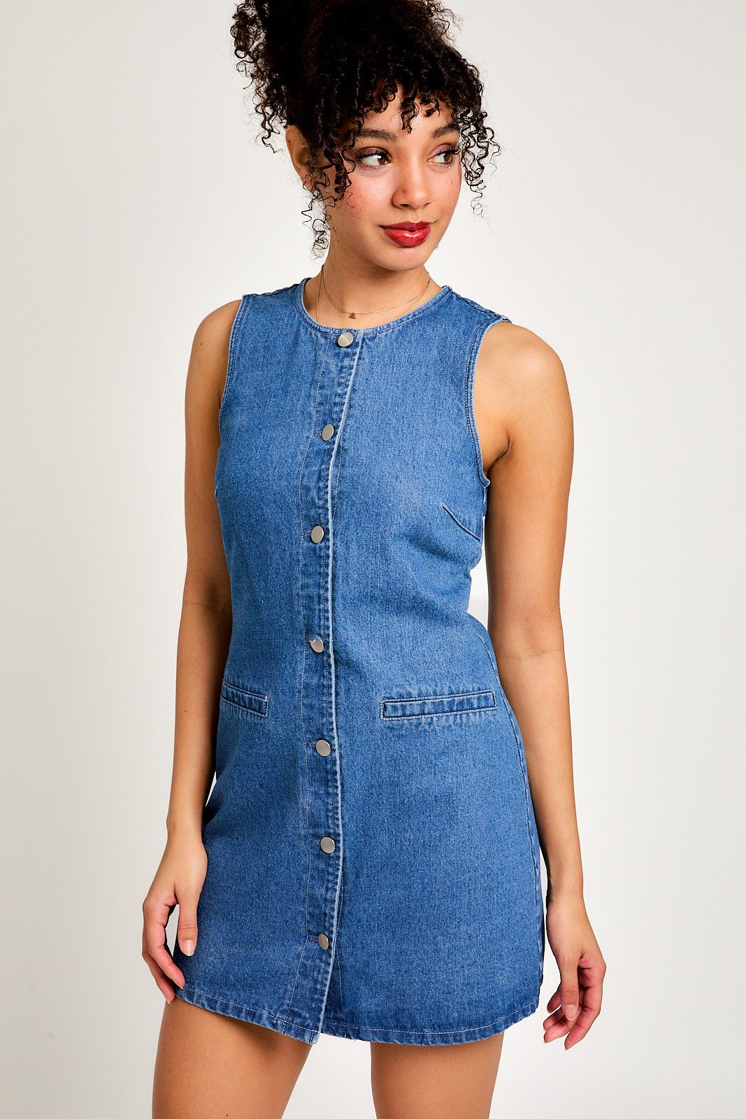 white christmas dresses Denim Round Neck Sleeveless Button Front Denim Dress