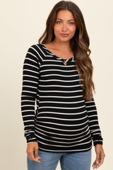 Black Striped Ruched Side Maternity Long Sleeve Top