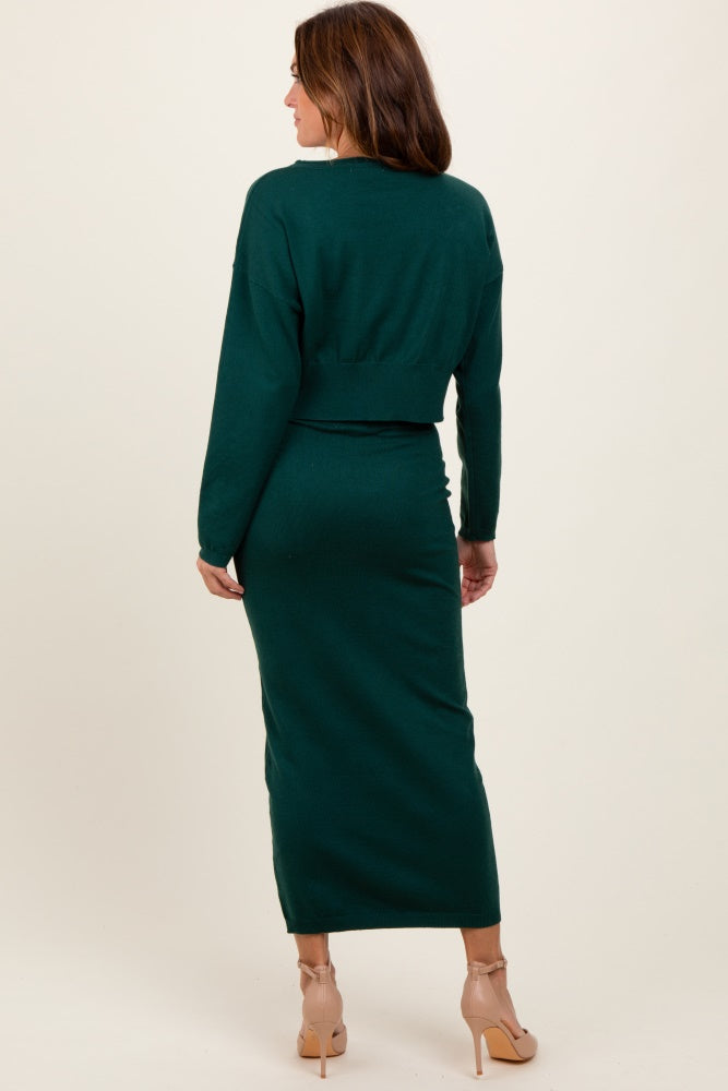 Forest Green Knit Midi Skirt Sweater Set