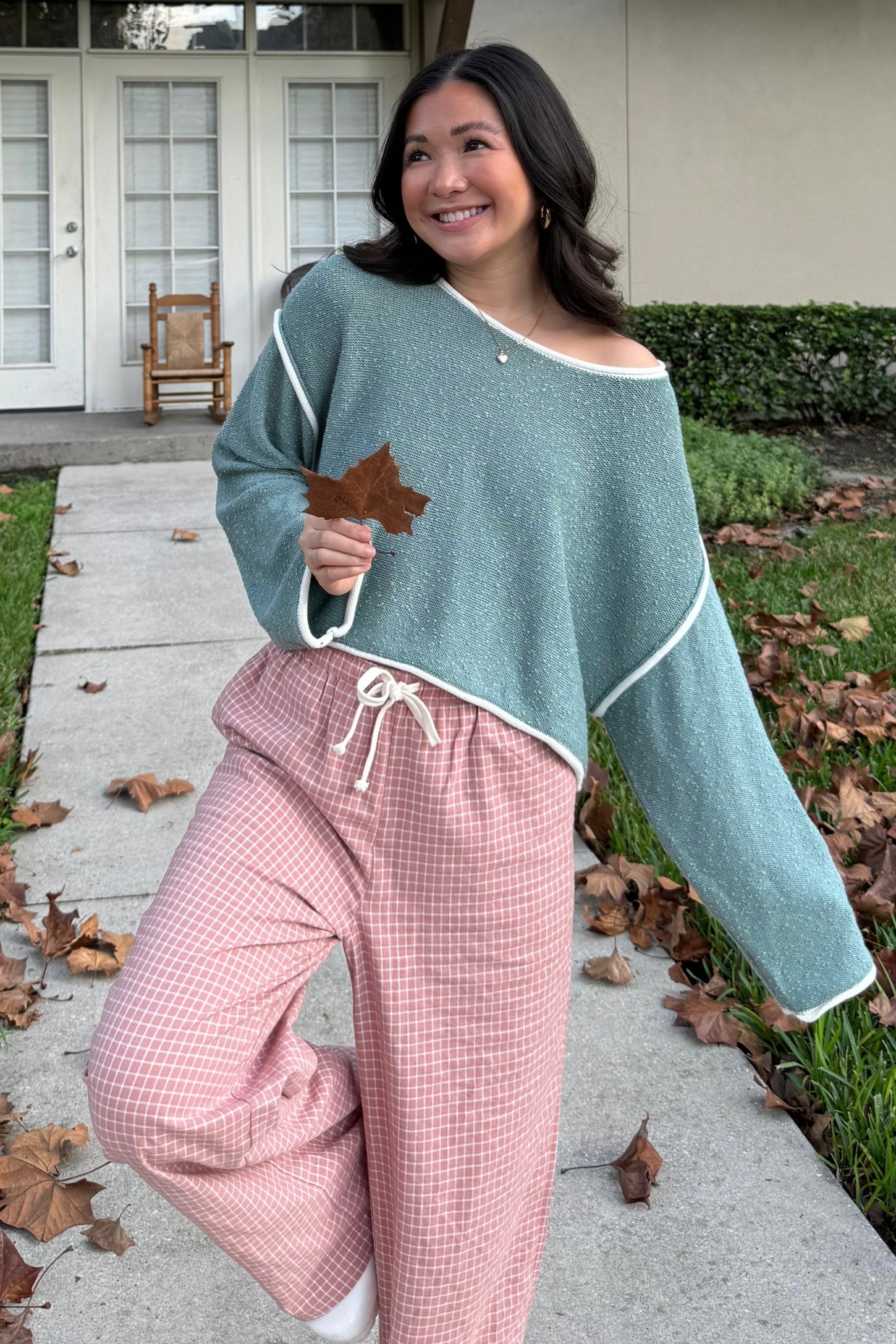 Pine Green Loose Knit Boat Neck Exposed Seam Crop Sweater