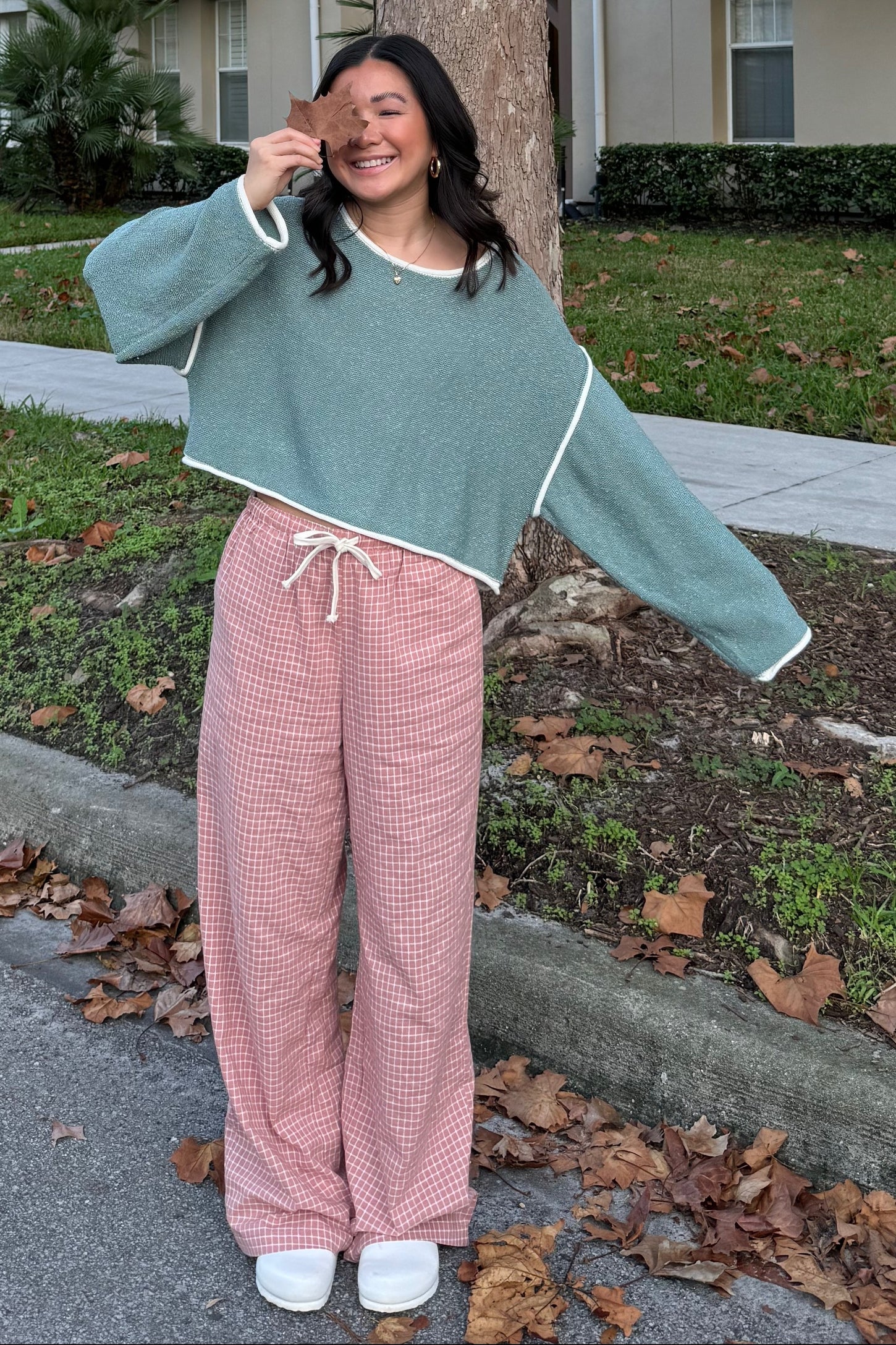 Pine Green Loose Knit Boat Neck Exposed Seam Crop Sweater