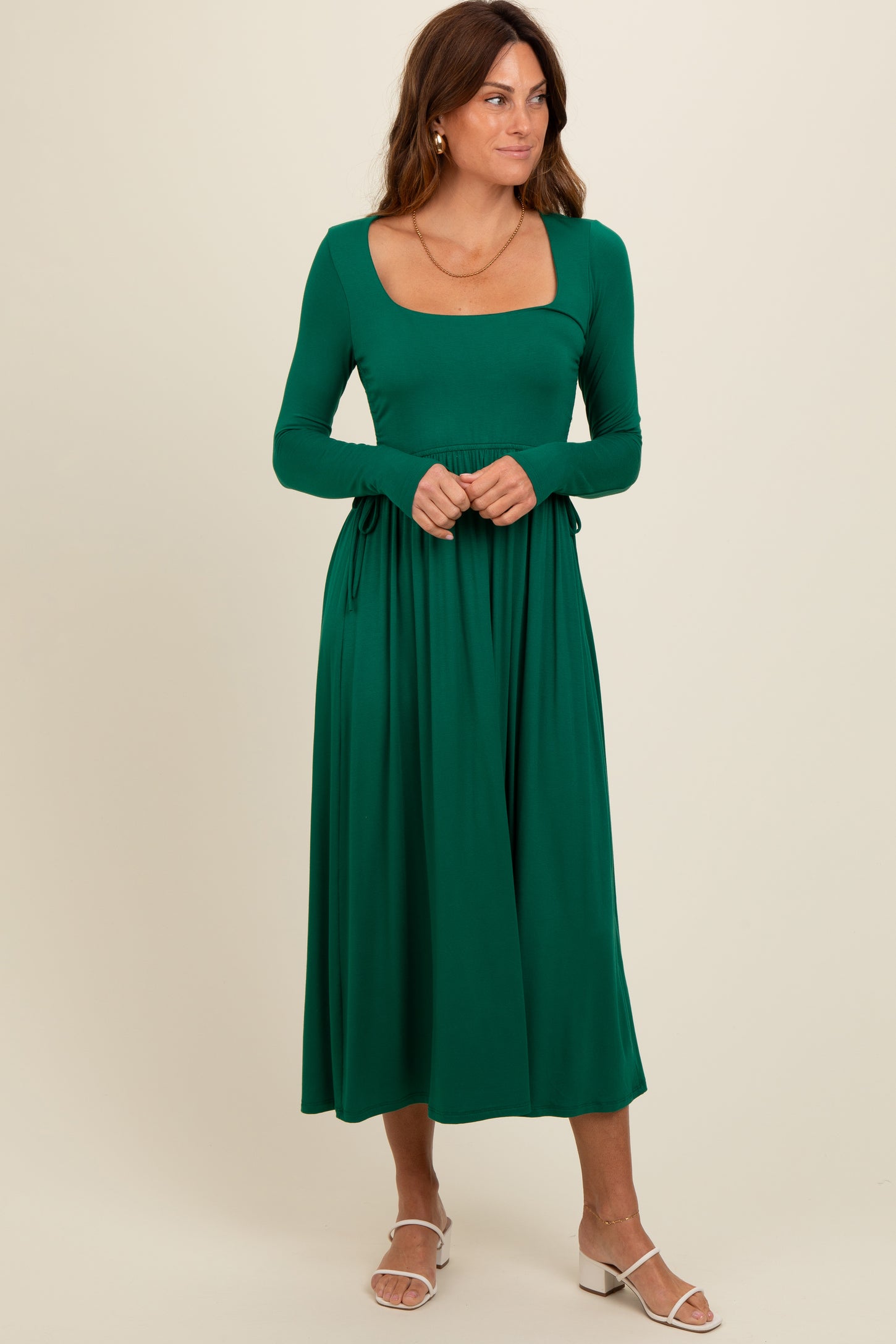 Forest Green Square Neck Long Sleeve Midi Dress Forest Green Square Neck Long Sleeve Midi Dress