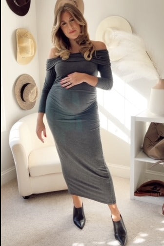 Charcoal Foldover Off Shoulder Long Sleeve Maternity Midi Dress