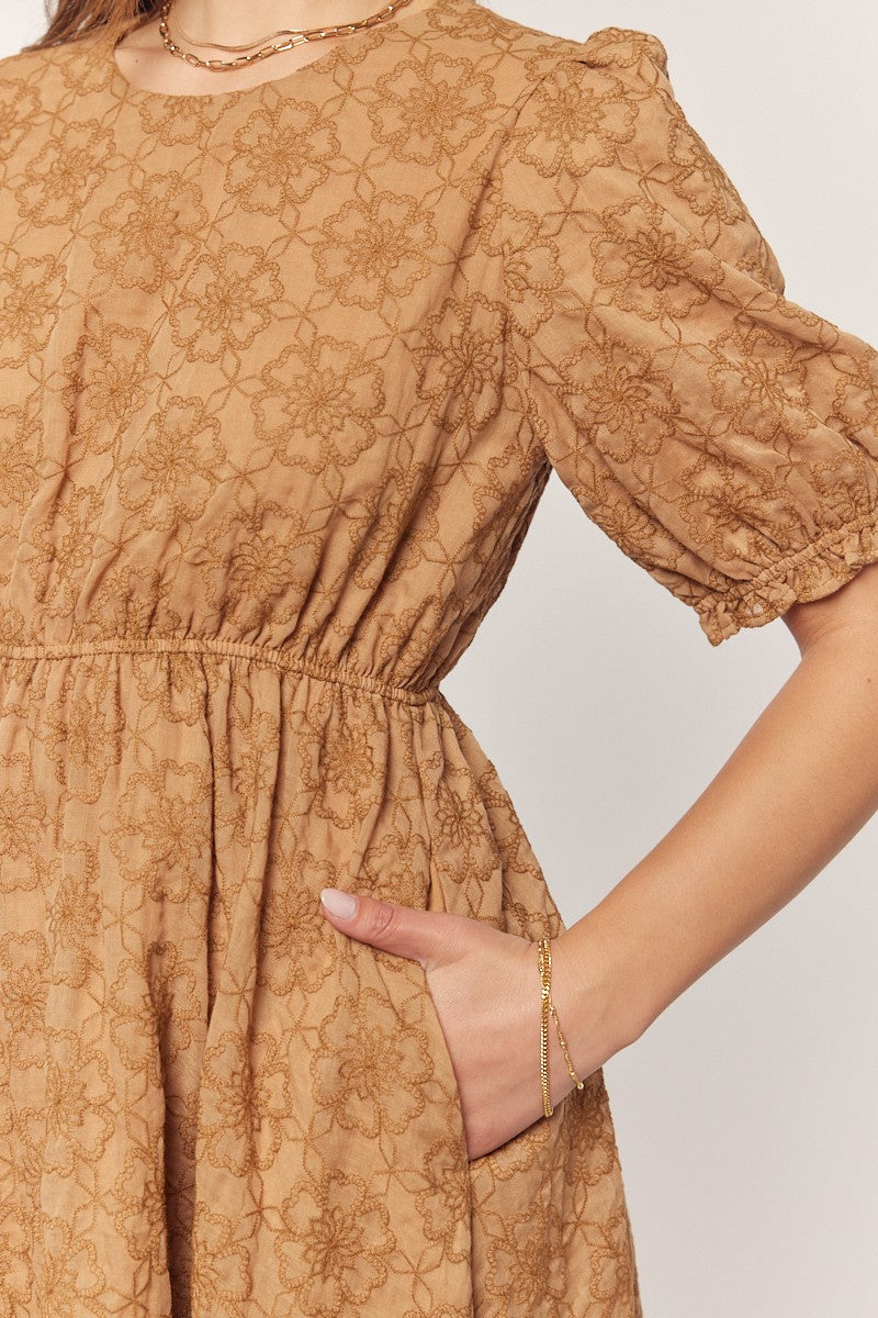 Camel Floral Embroidered Overlay Midi Dress