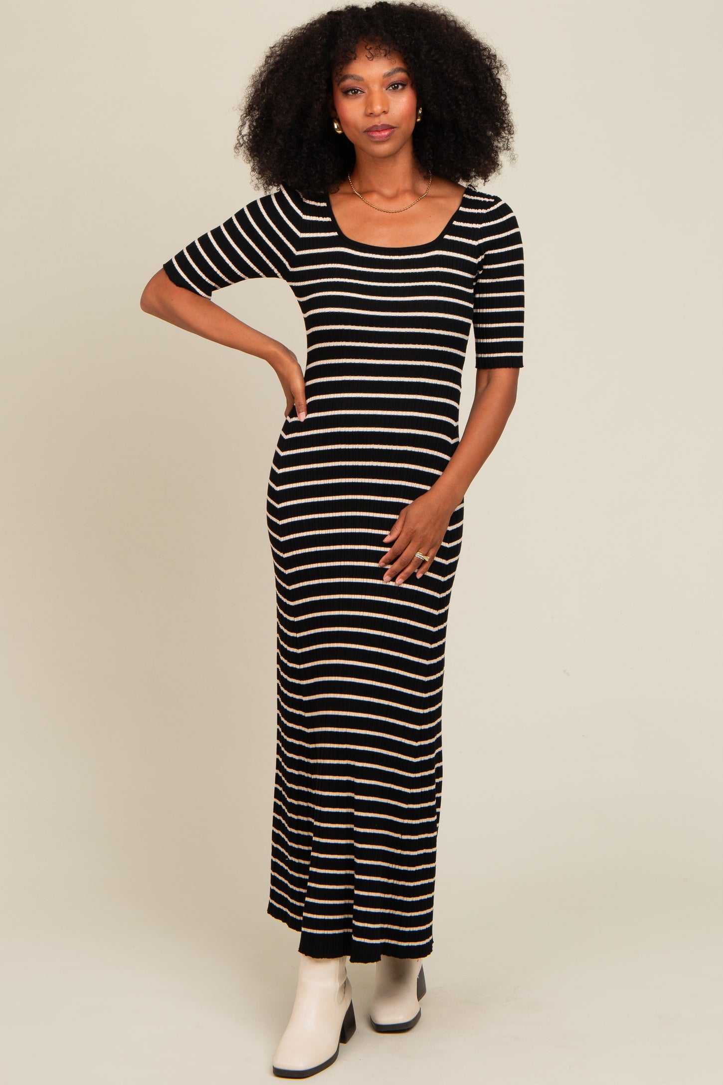 Black Striped Ribbed Short Sleeve Maxi Dress