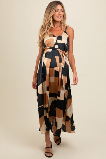 Camel Abstract Print Sash Tie Maternity Maxi Dress