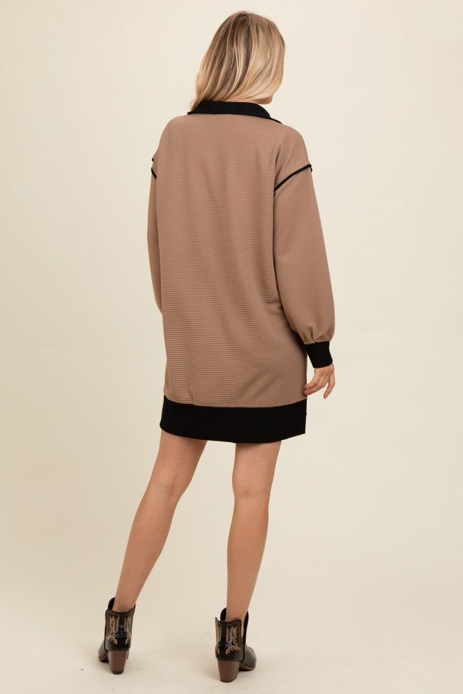 Mocha Contrast Trim Collared Zip Up Mini Dress