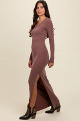 Burgundy Ribbed Long Sleeve Side Slit Maxi Dress