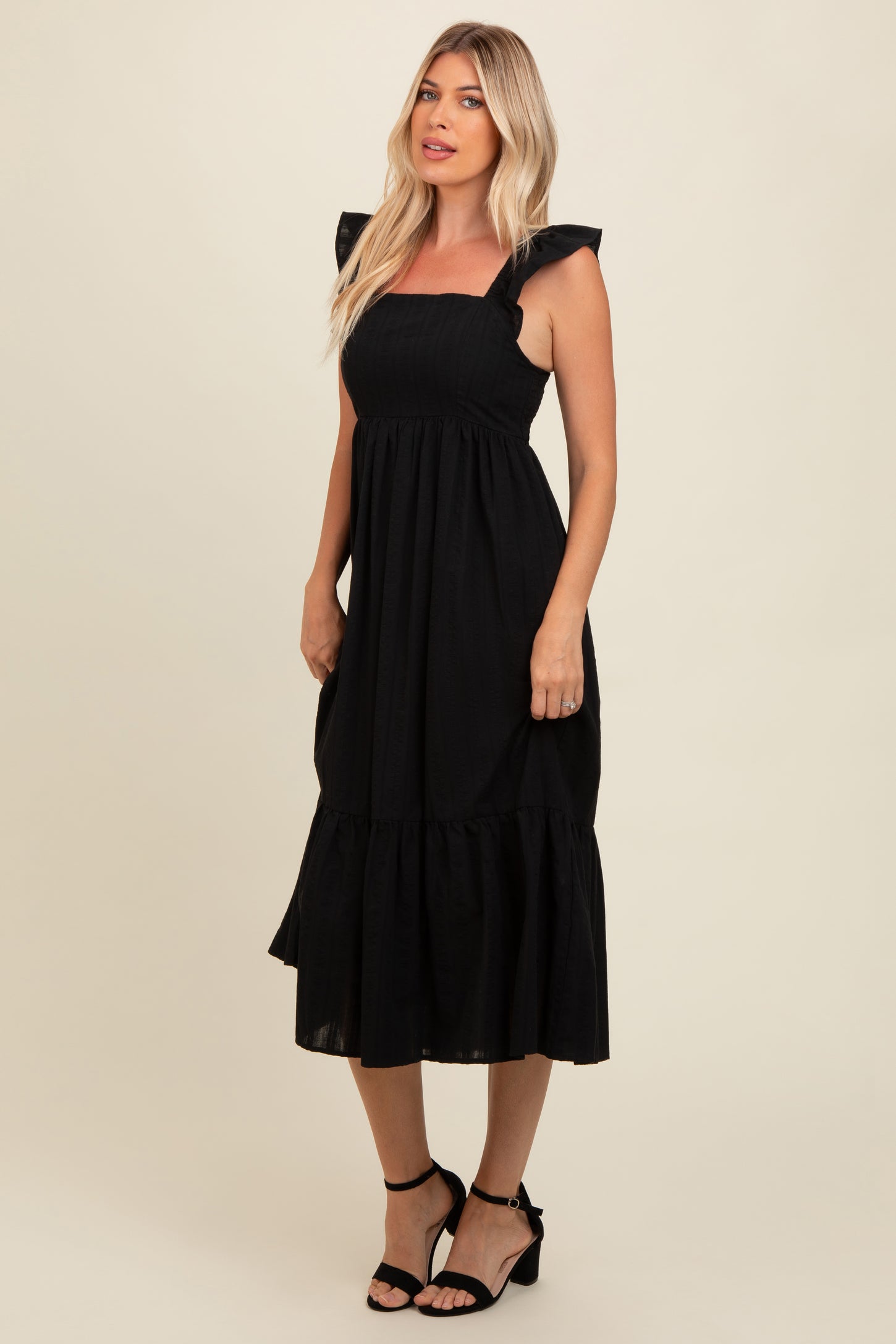 Black Textured Cotton Ruffle Strap Midi Dress
