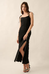 Black Geometric Knit Lettuce-Edge Midi Dress