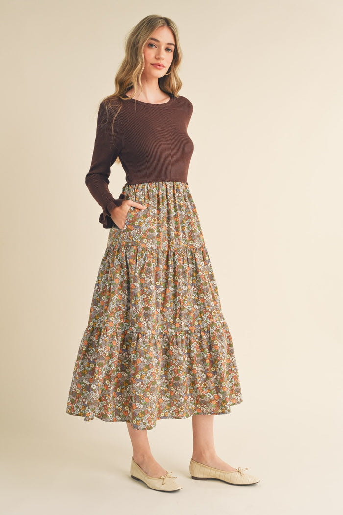 Mocha Floral Knit Midi Dress With Contrast Woven Skirt