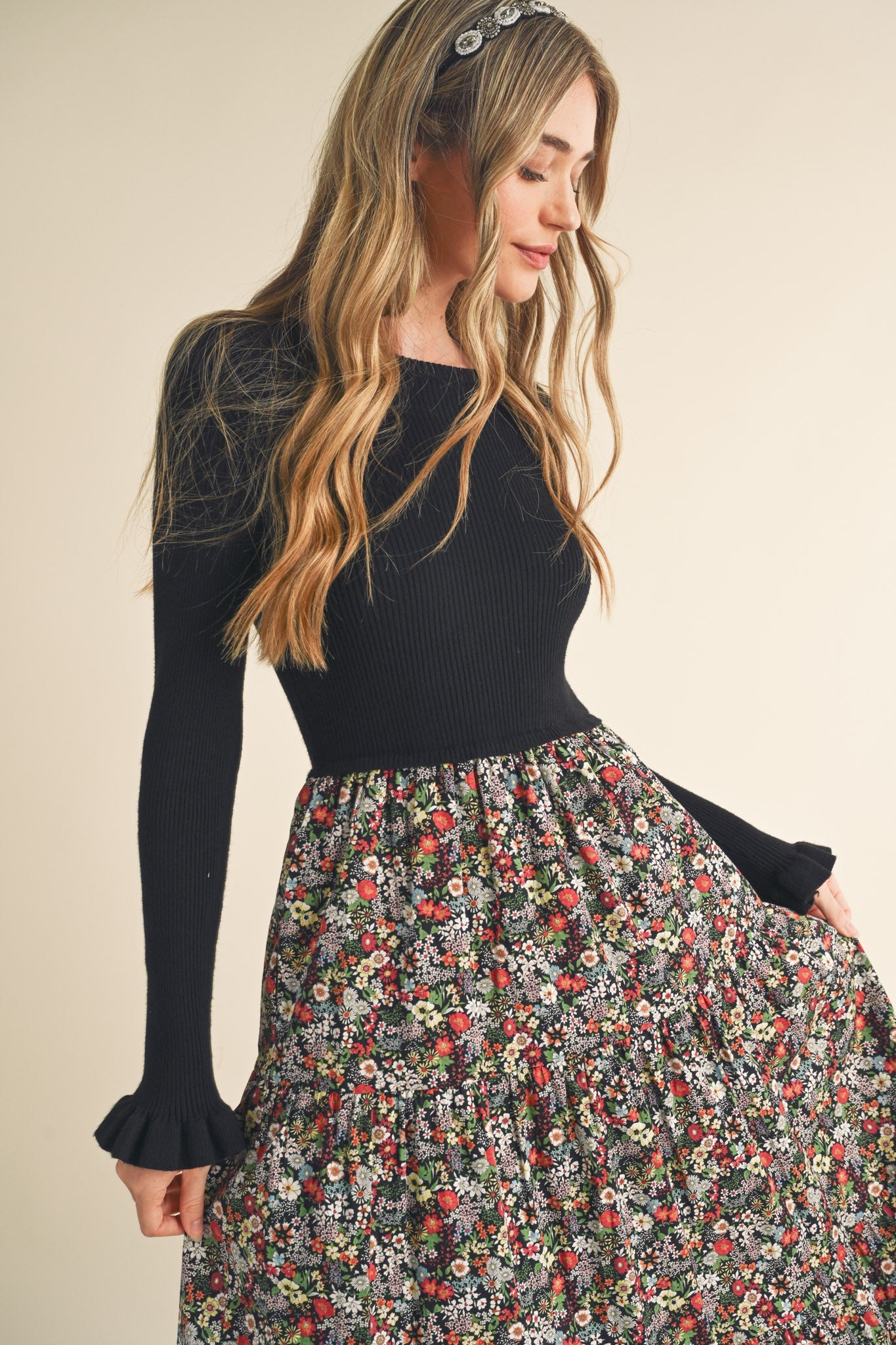 Black Floral Knit Midi Dress With Contrast Woven Skirt