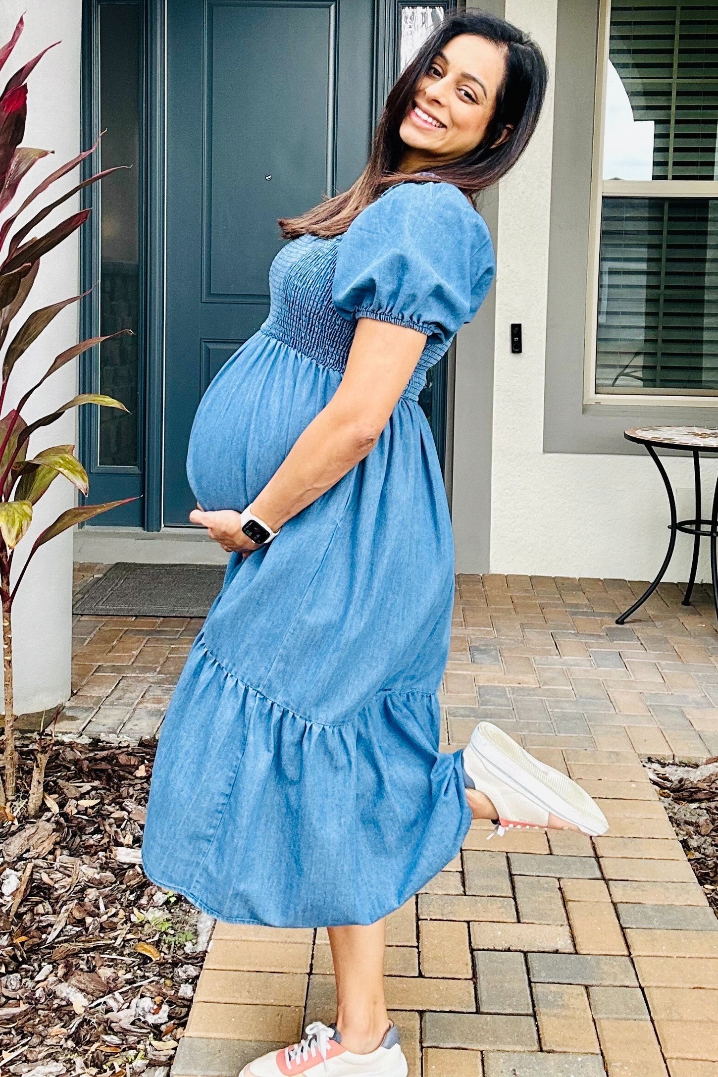 Blue Vintage Wash Chambray Smocked Maternity Midi Dress