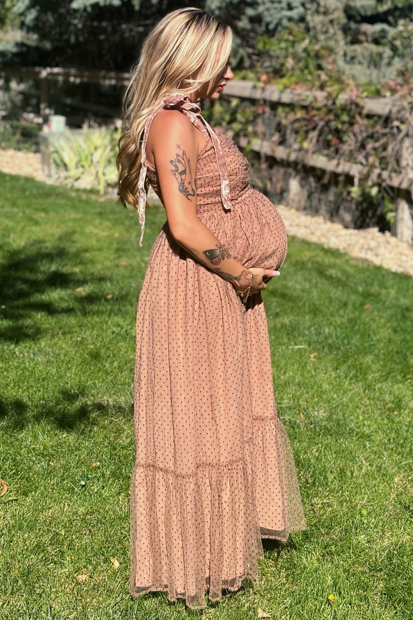 Camel Dotted Mesh Overlay Shoulder Tie Maternity Midi Dress