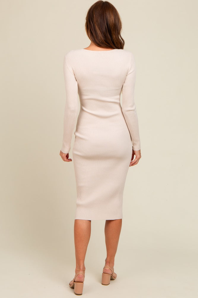 Cream Ribbed Fitted Button Long Sleeve Dress PinkBlush Cream Ribbed Fitted Button Long Sleeve Dress PinkBlush