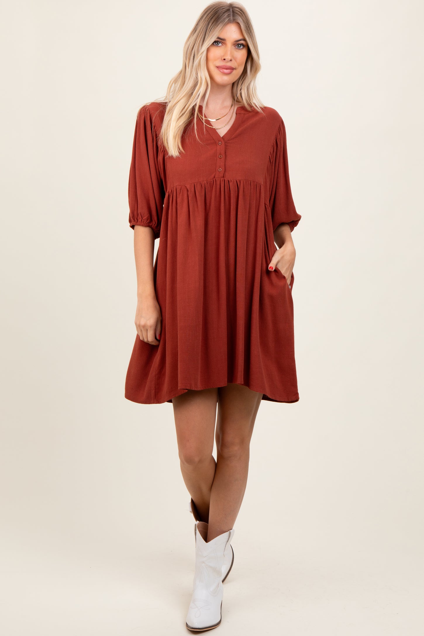 Rust Button Up Split Neck Maternity Dress