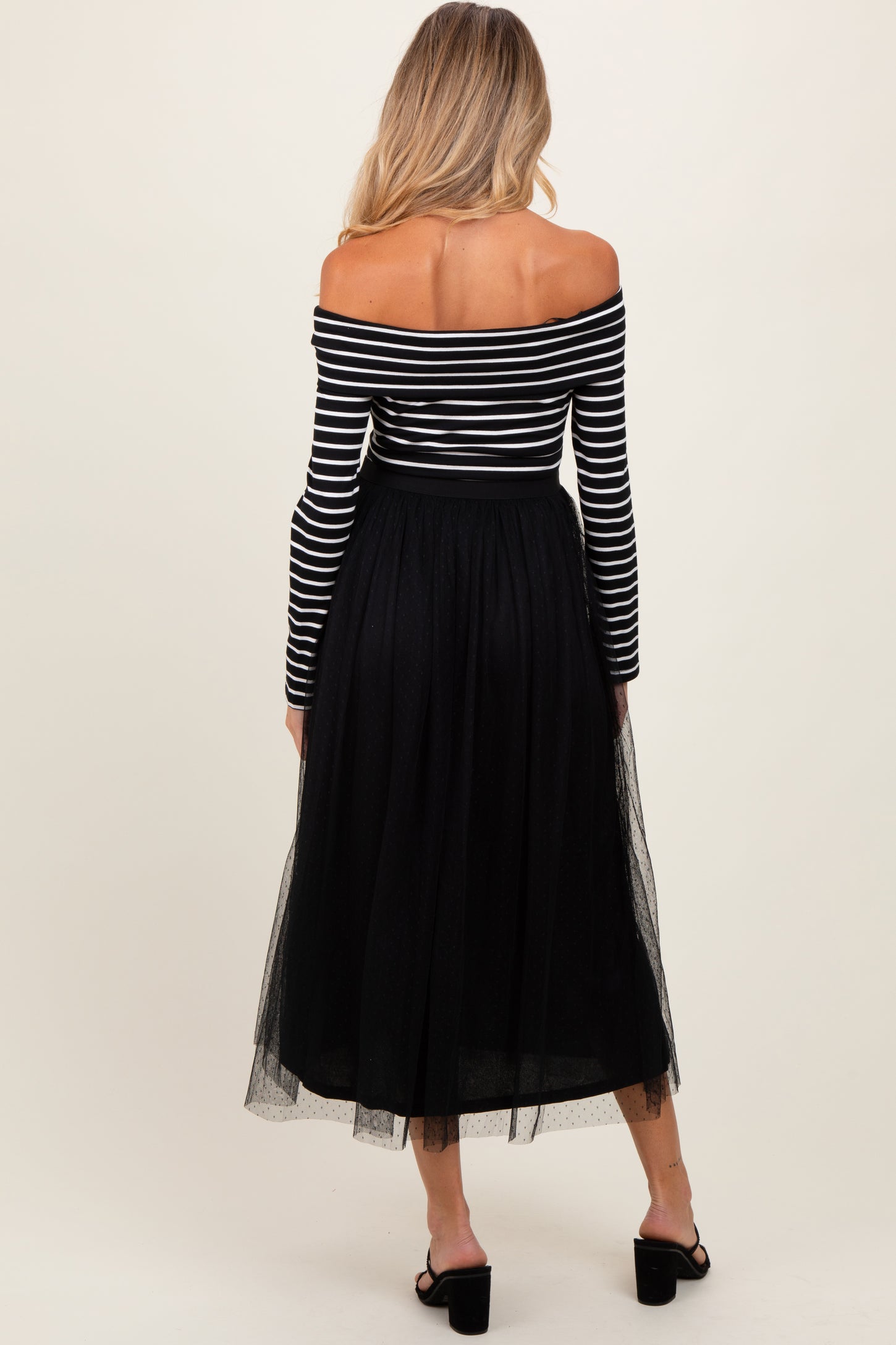 Black Striped Off Shoulder Contrast Knit Mesh Maternity Maxi Dress