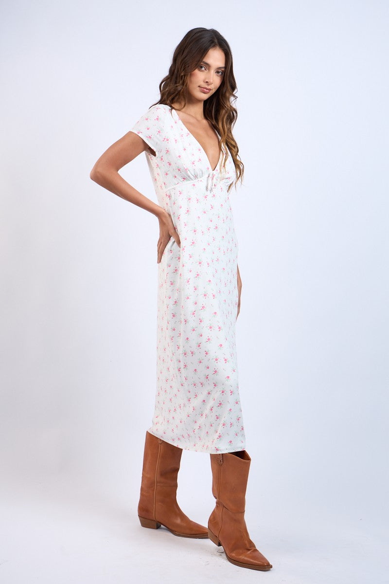 Pink Floral Pattern V-Neck Short Sleeve Long Dress